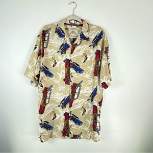 Natural Issue Mens Medium Hawaiian Button Shirt Classic Old Cars Surfer Beige.